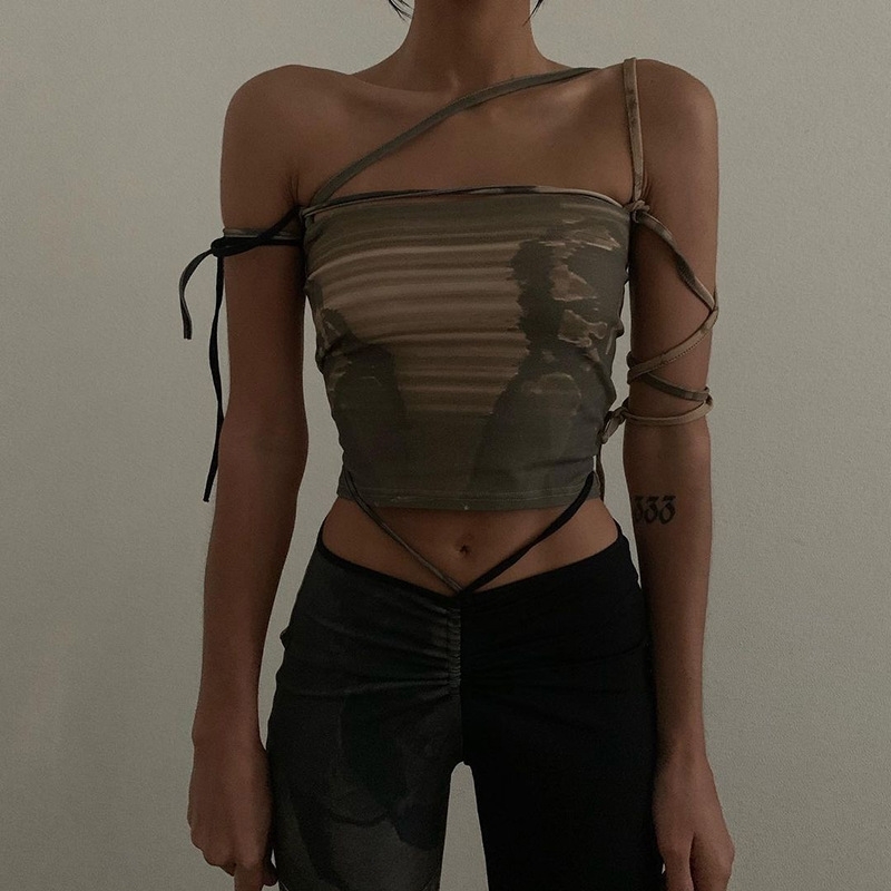 Europe and America spring and summer camouflage hanging neck sling bandage chest vest women's clothing 210602