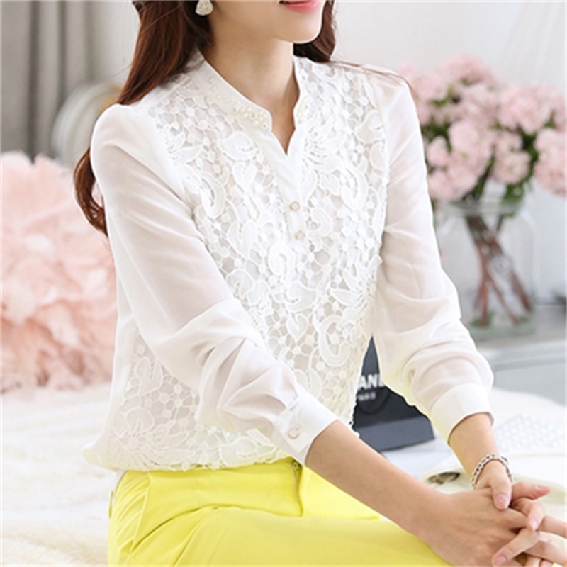 fashion High quality Lace Blouse Beading chiffon blouse women shirt Long Sleeve Chiffon Shirt Plus Size women Clothing T200321