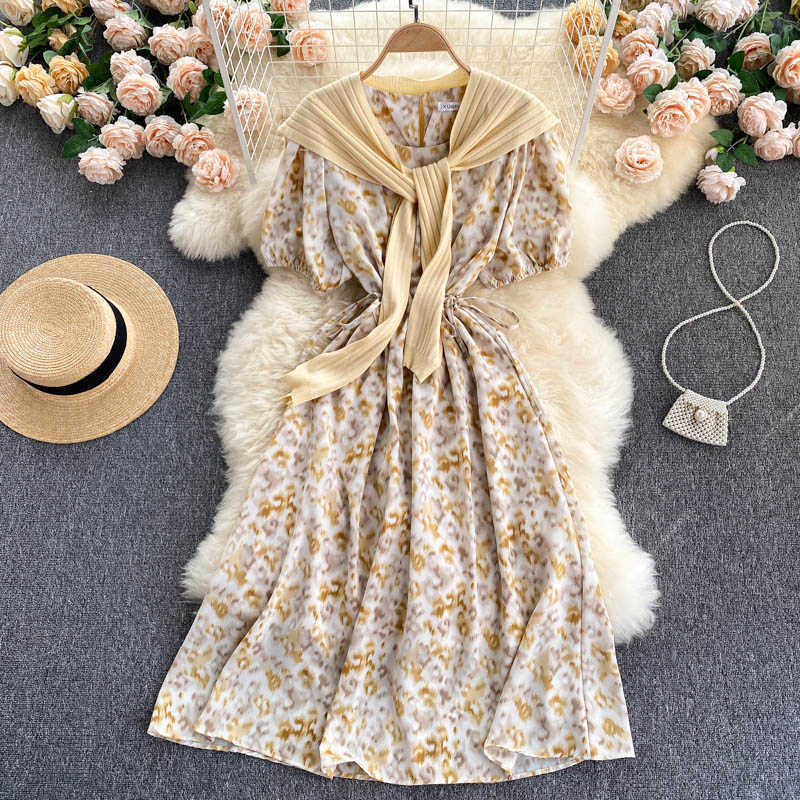 DEAT Women Printing Ruffles Dress Round Neck Short Puff Sleeve Arrivals Lady Temperment Fashion Spring Summer 11D595 210709
