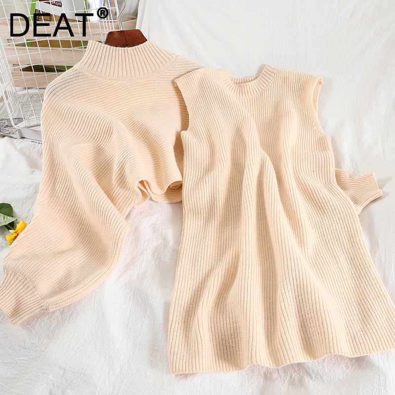 DEAT Women Short Knitted Turtleneck Long Sleeve Top Loose Vest Dress Two Piece Set Fashion Autumn Winter MZ989 210709