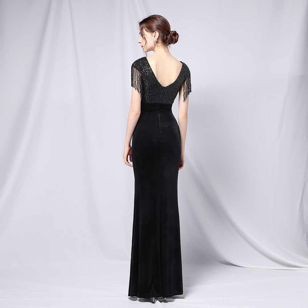 Wine Red Beaded Velvet Prom Party Dresses Tassel Sparkly V-neck Mermaid Full length Evening Dress Koftan Doubai robes de soirée