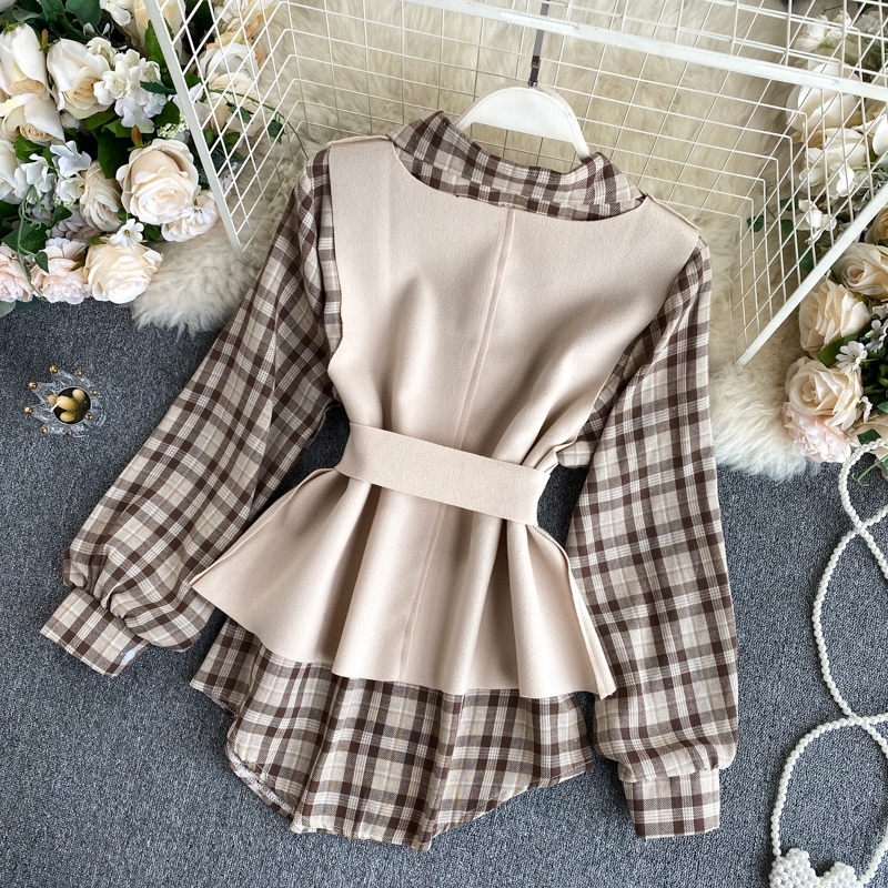 new fashion women's clothing Full Plaid Turn-down Collar shirts shirt and blouse Two-piece vest 210225