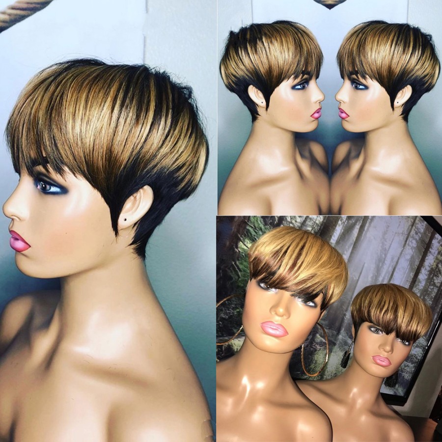 Natural Black Short Straight Hair Wig Peruvian Human Hair Wigs With Bang For Women ombre blonde 99J color pixie cut Wig