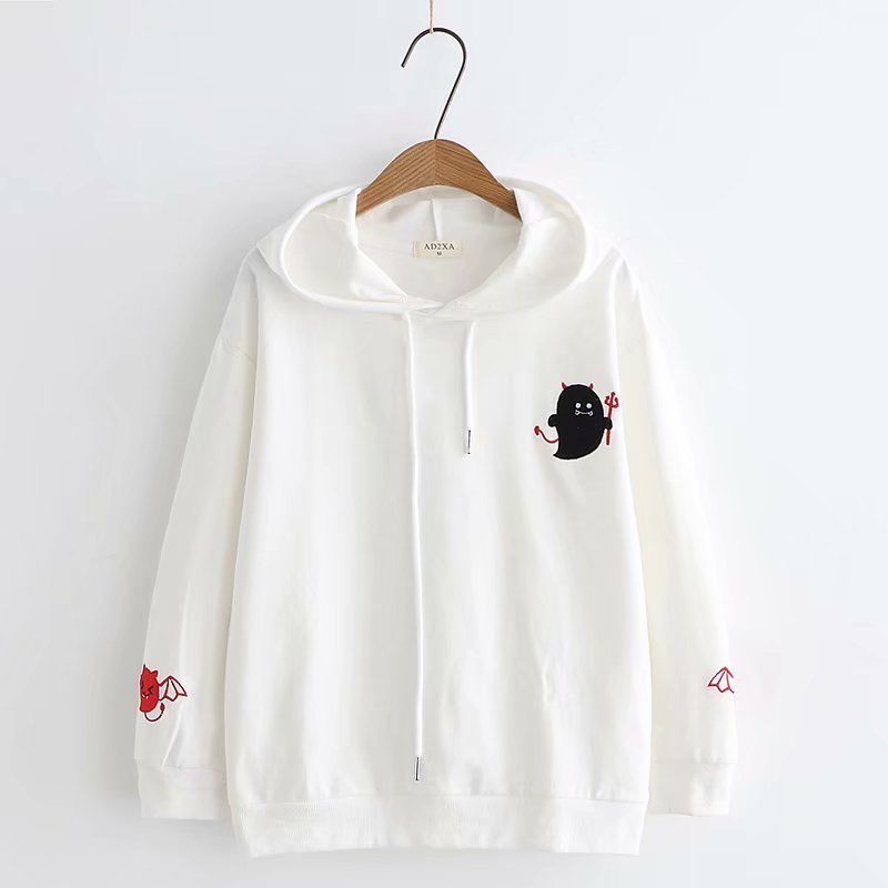 Harajuku Hoodies Girl Little Devil Horns Gothic Hooded Sweatshirts Women Autumn Loose Lolita Pullovers Tops Black White 201028