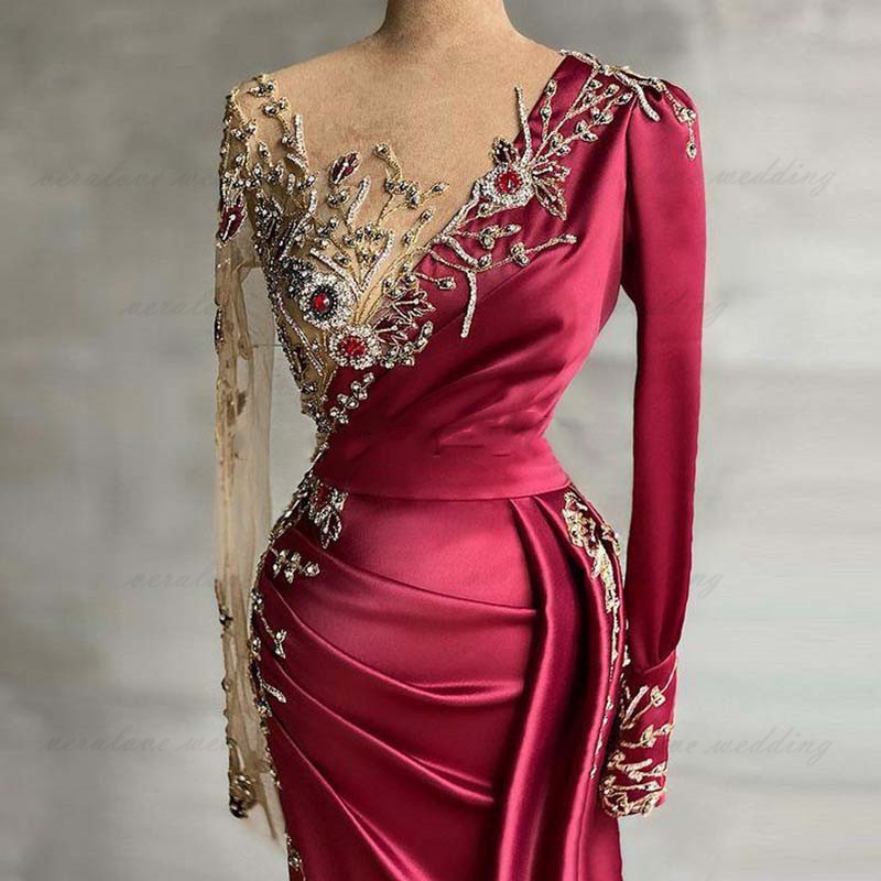 Aso Ebi Burgundy Mermaid Evening Reception Dresses with Long Sleeve Arabic African Beaded Illusion Occasion Prom Gowns Wear