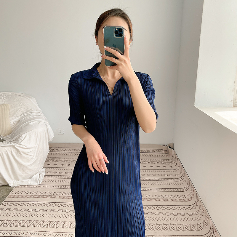 Summer Navy Blue Dress For Women Lapel Short Sleeve Casual Slim Female Elegant Streetwear Dresses 2D3601 210526