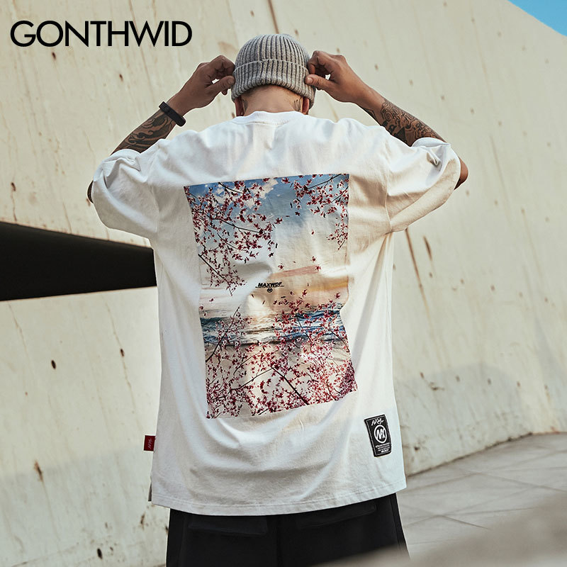 GONTHWID Natural Flowers Landscape Print Streetwear Tshirts Hip Hop Harajuku Casual Tops Tees Men Fashion Short Sleeve Shirts 210225