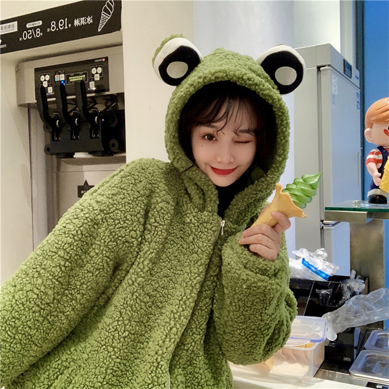 frog hoodie Winter Zipper Plush Comfort Top Winter Thicker Chic cutey coat Outwear Korean Hooded Soft Teens Street Jacket 2xlxl 201112