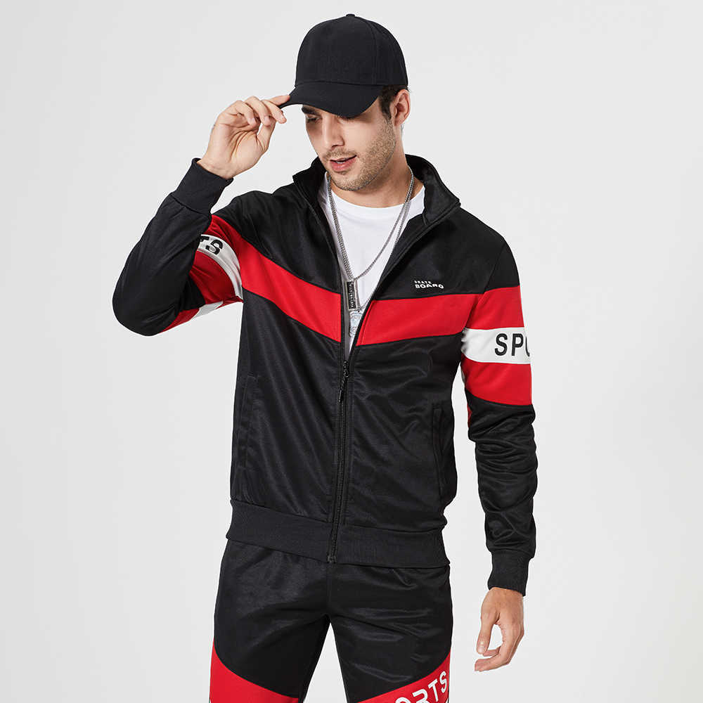 Fashion Mens Spring Tracksuit Hooded Polyester Sweatshirt Men Long Sleeve Splicing Zipper Fitness Sporting Jacket + Pants Sets 210603
