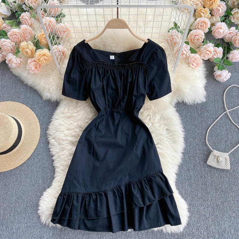 Blue Dress Elegant Short Sleeve Square Collar Ruched Slim Irregular Ruffles French Vintage Casual Women Summer 210603