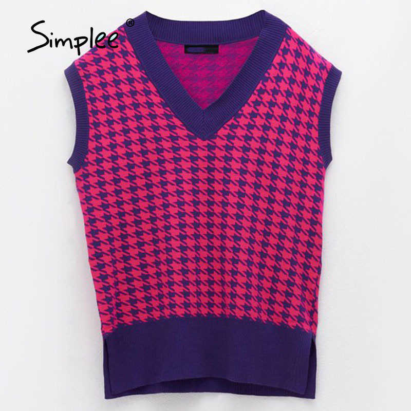 Houndstooth knitted sweater vest women V neck sleeveless oversized pullover vintage Fall winter female waistcoat sweater 210918