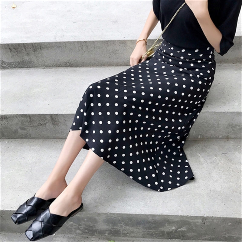Women Summer Skirt Korean Streetwear Vintage Polka Dot Slim High Waist A Line Chiffon Long Skirt S3XL Black White Red B157 T200324