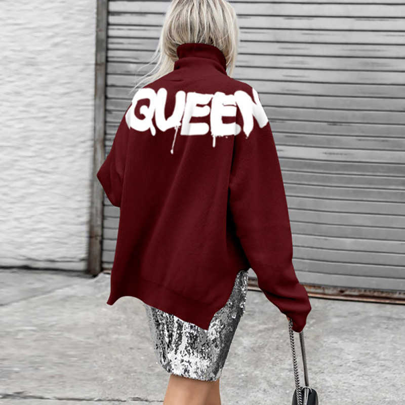 Women Casual Turtleneck Queen Printed Sweatshirt Autumn Long Sleeve Oversize Pullover Tops Streetwear Fashion Side Split Hoodies 210927