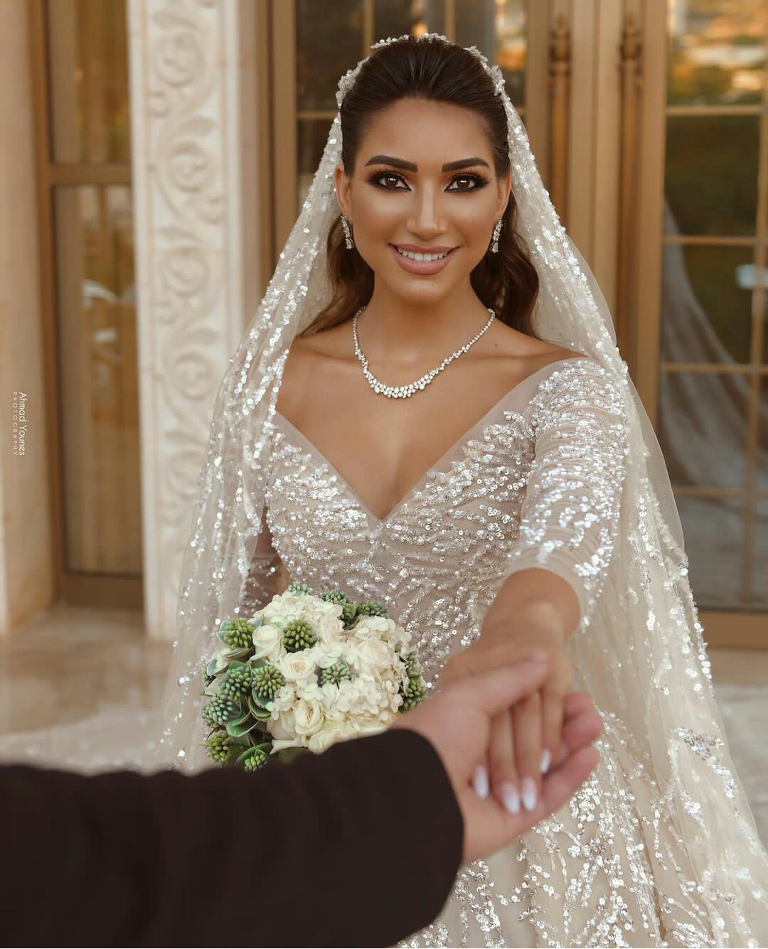 a line muslim wedding dress v neck illusion long sleeves cathedral bridal gowns custom made beading vestido de novia