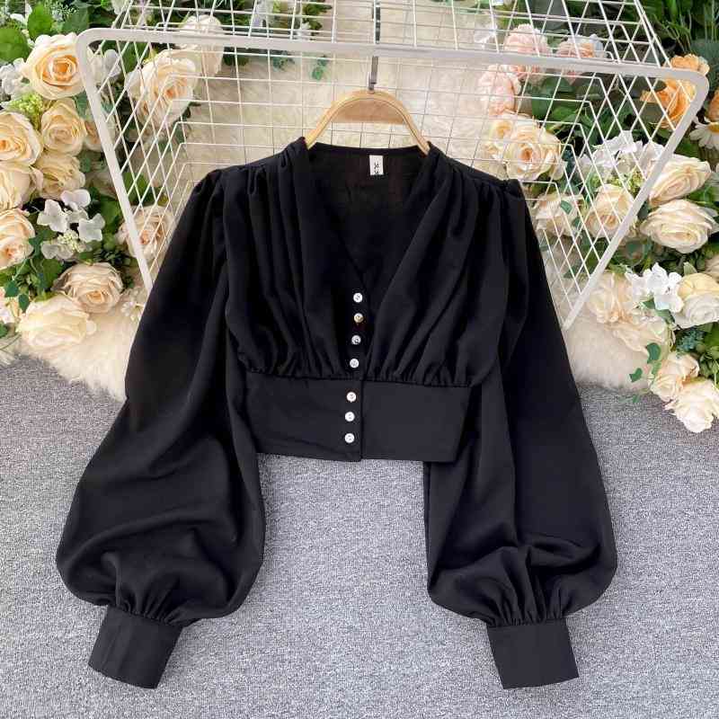 Autumn Solid Shirts V-neck Single Braested Short Retro Lantern Sleeve Top Blouse Women 210615, Black
Autumn Solid Shirts V-neck Single Braested Short Retro Lantern Sleeve Top Blouse Women 210615, Black