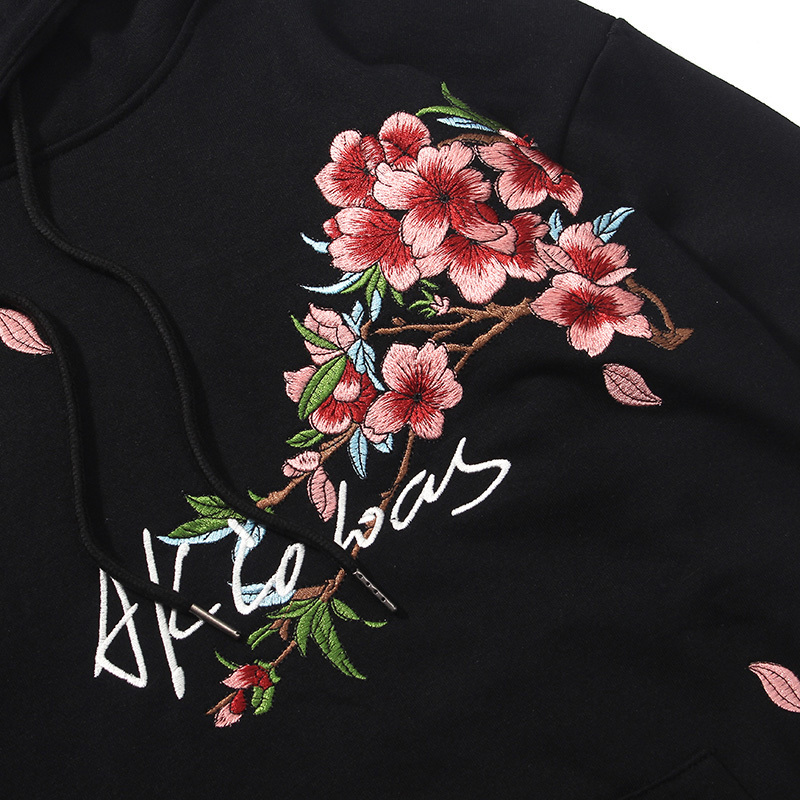 Hip Hop Men Streetwear Hoodie Japan Sakura Embroidery Wonderland Print Sweatshirt Autumn Casual Floral Hoodie Cotton Black 201020