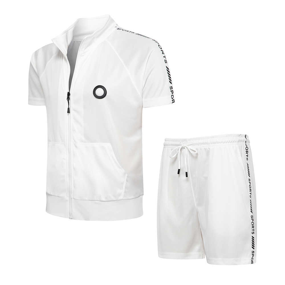 Men's Casual Tracksuit Summer Stitching 2 Pieces Set Short Sleeve Zipper Sweatsuit+sports Shorts Joggers Outfits Gym Clothe Male 210603