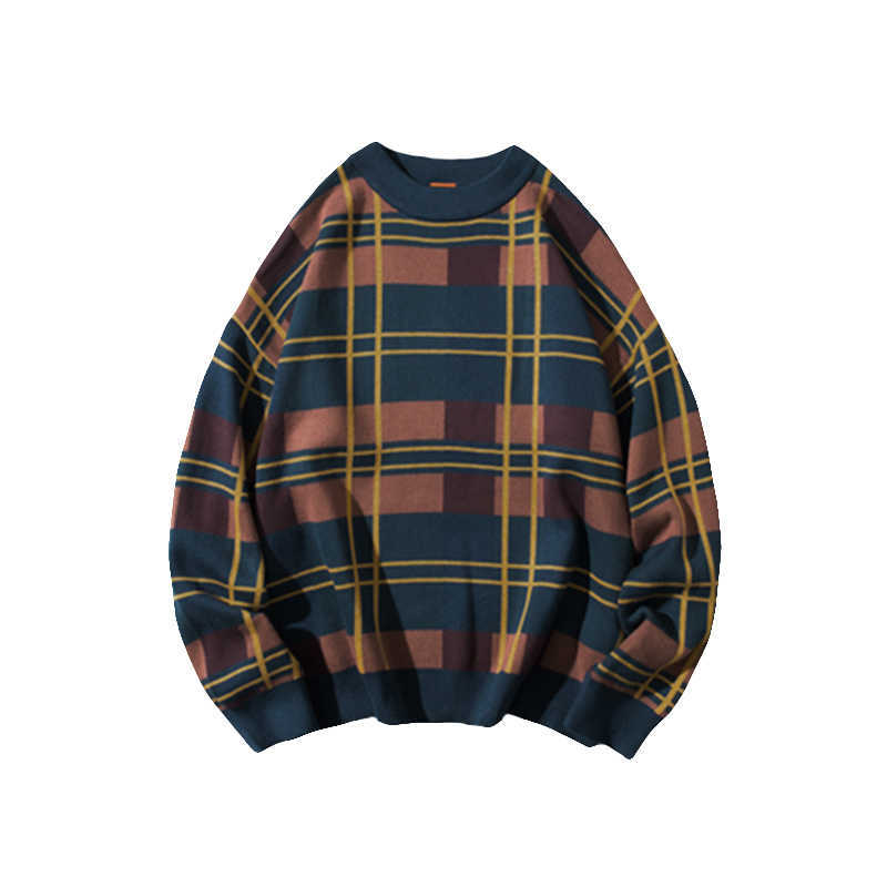 IEFB men's wear autumn winter thickened sweater Korean fashion color block patchwork plaid loose veintage kintted tops male 3242 211008