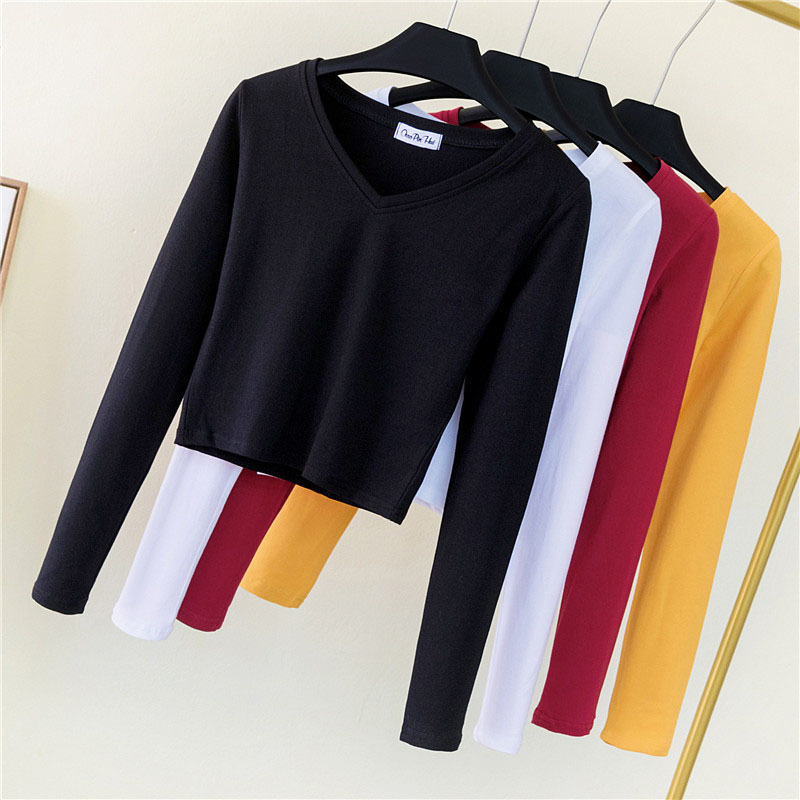 Autumn Large Sizes Cotton Women's Clothing V-Neck Long Sleeve Slim Base Short T-shirts Women Fashion Casual Street Ropa Mujer 210302