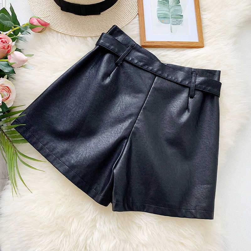 High Waist Women's Leather Short PU Belt Zipper Pocket Female Shorts Spring Fashion Korean Casual Girl Ladies Bottom 210611