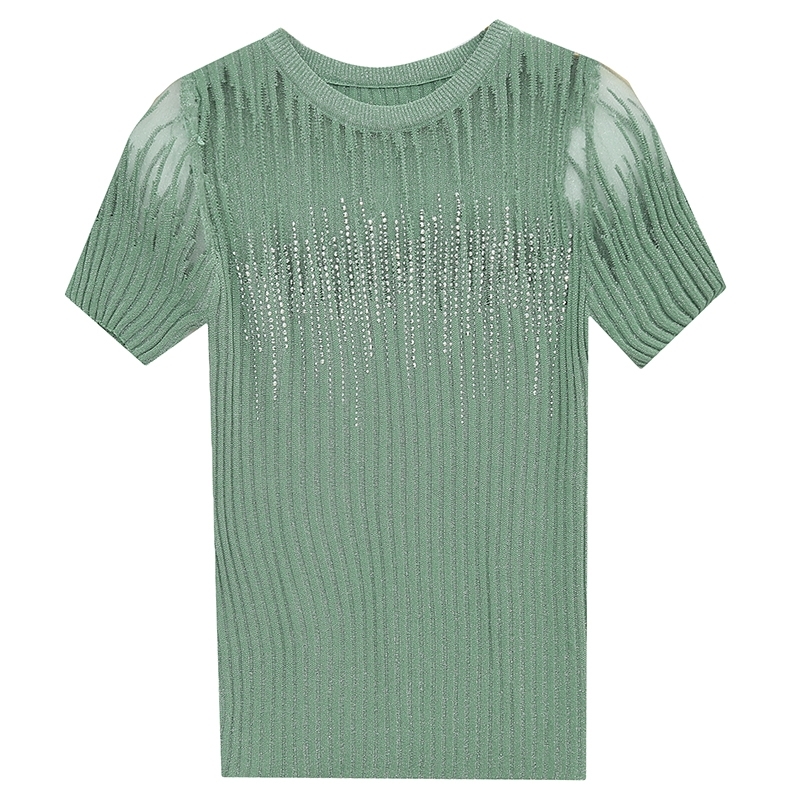 Summer Korean Clothes Knit T-shirt Sexy Diamonds Transparent Women Tops Ropa Mujer Shirt Short Sleeve Elastic Tees T04915 210302
