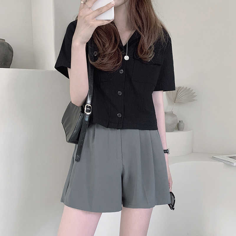 Summer Thin Suit Shorts for Women Bottoms Causal High Waist Wide Leg Short Feminimos Ropa De Mujer 6J558 210603