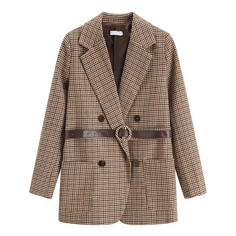 Women's Suits & Blazers Vintage Houndstooth Winter Thick Women Jacket Blazer Sashes Plaid Female Suit With Belt Long Sleeve Blaser 2022