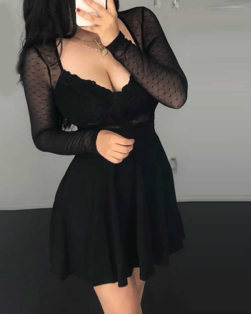 Women Fashion Sexy V neck Black Party Club Dot Mesh Dress Long Sleeve Mini Dress 210716
