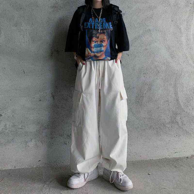 QWEEK Harajuku White Cargo Pants Women Vintage HIgh Waist Hip Hop Streetwear Pockets Straight Joker Black Trousers For Female 211115