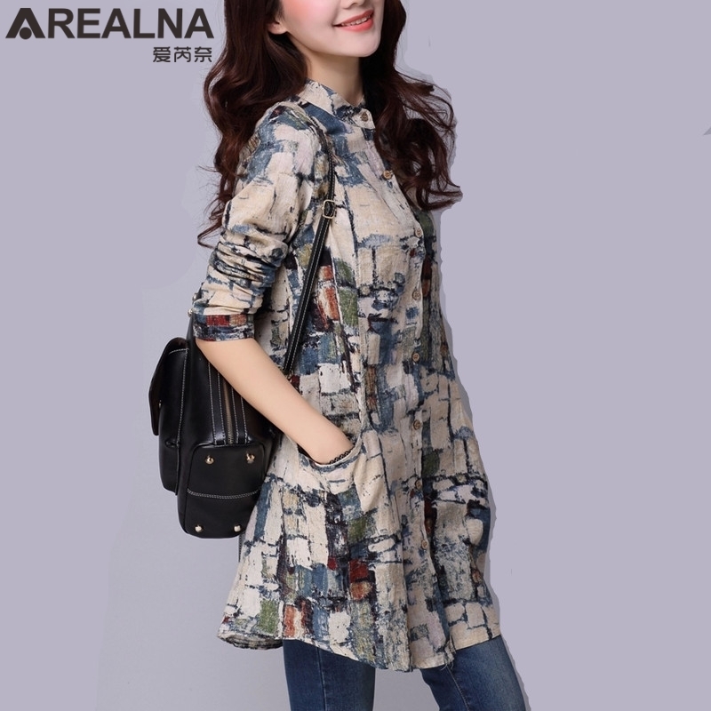 Fashion Cotton Linen Women Blouses Vintage Funky Button Up Shirt Tunic Long Sleeve Floral Print Blouse Female Plus Size Top 210225