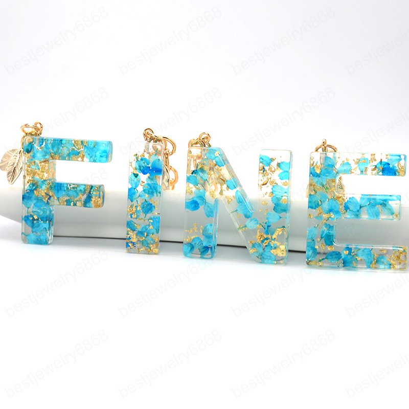 Dried Flower Letter Keychain For Woman English Alphabet Key Rings With Golden Leaf Acrylic Words Crafts Handbag Charms