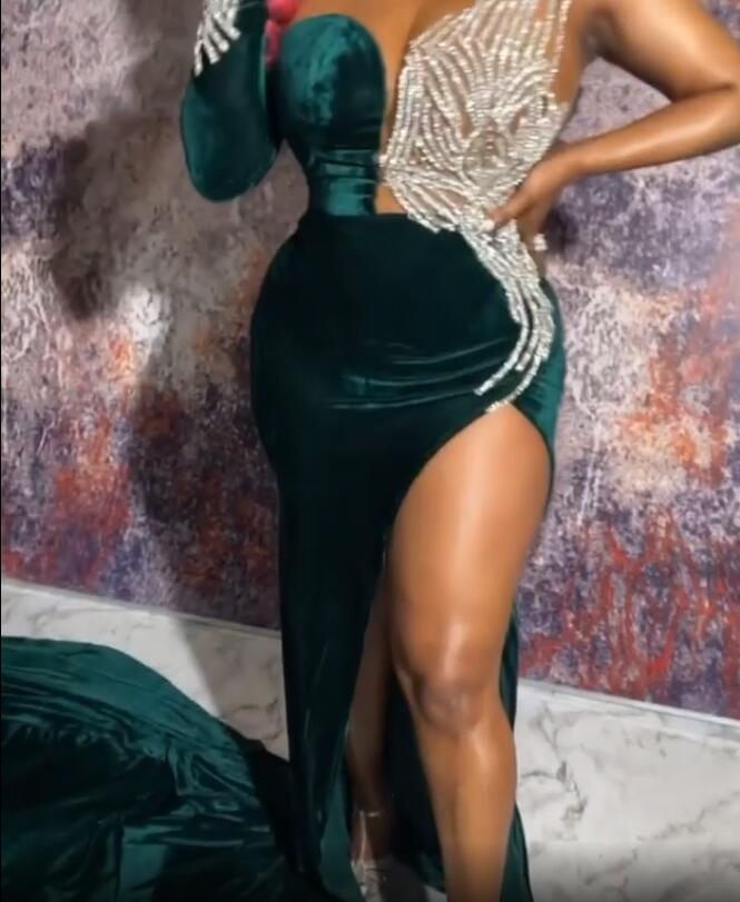 Aso Ebi 2021 Arabic Dark Green Sheath Evening Dresses Beaded High Split Prom Dresses Long Sleeves Formal Party Second Reception Gowns ZJ366