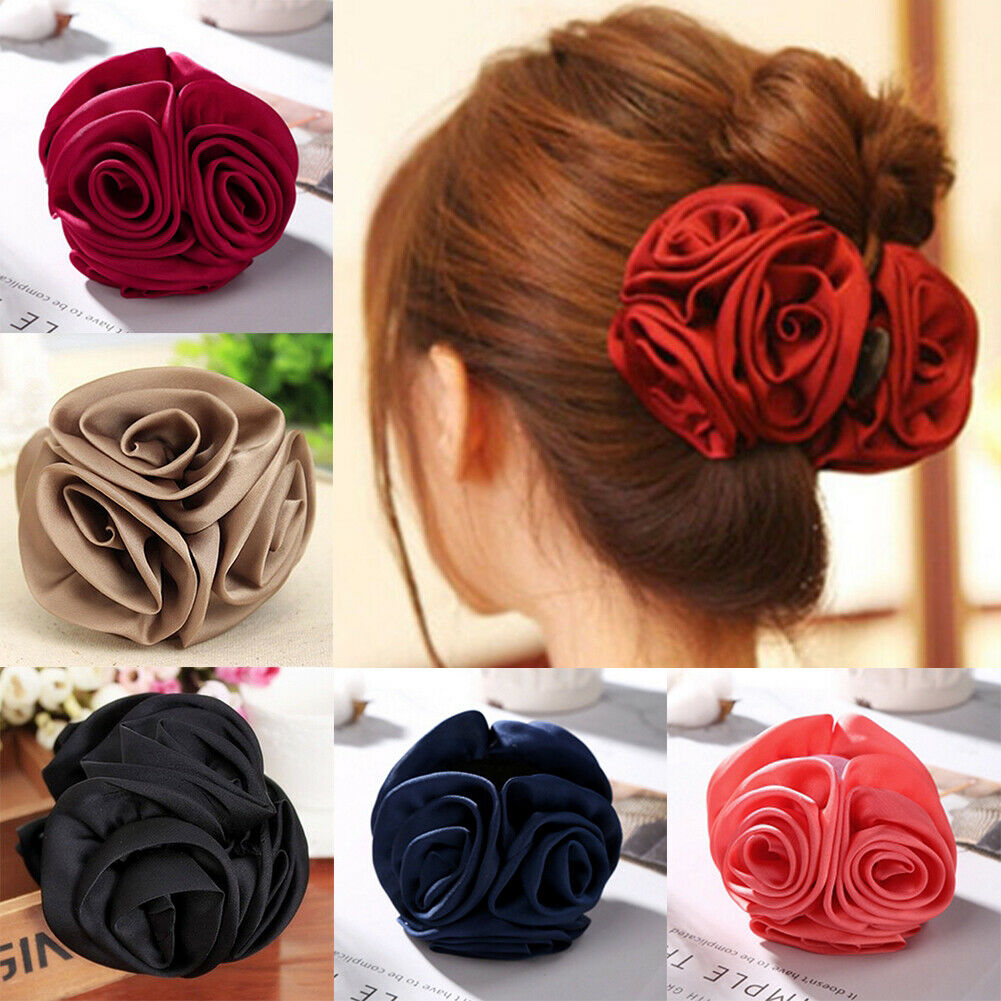Women Chiffon Rose Flower Bow Jaw Hair Clip Barrette Hair Claw Accessories US
