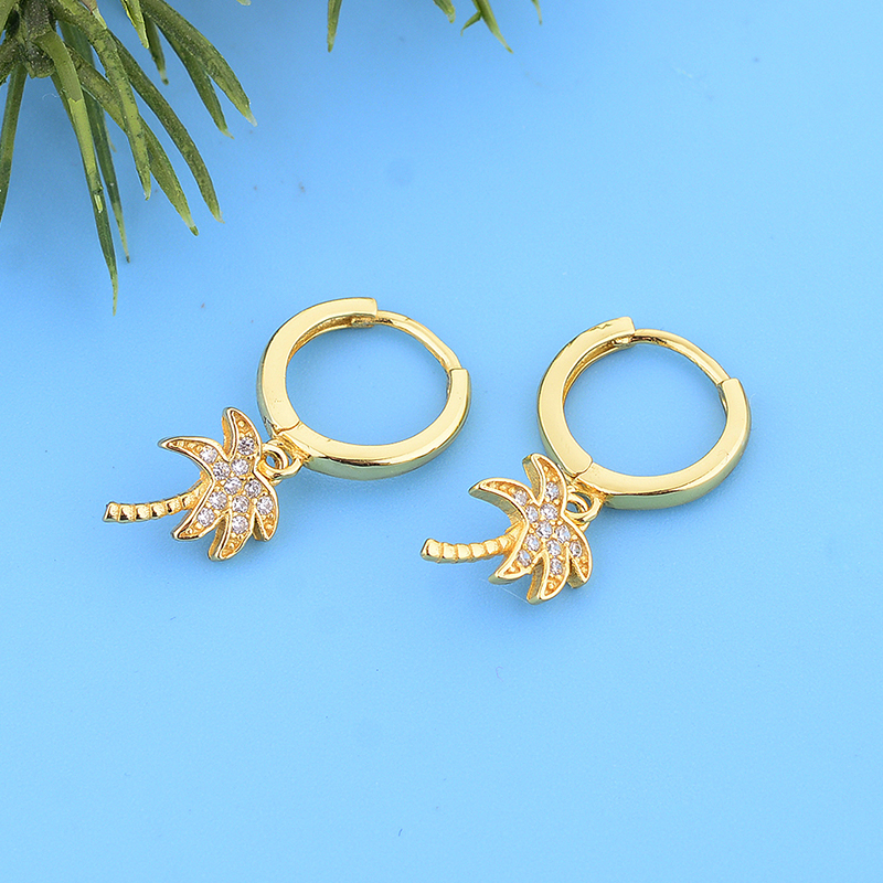925 Sterling Silver Hoop Earring Women Jewelry Gold Plated Palm Tree Clip Circle Round Earrings Boucle Doreille Femme