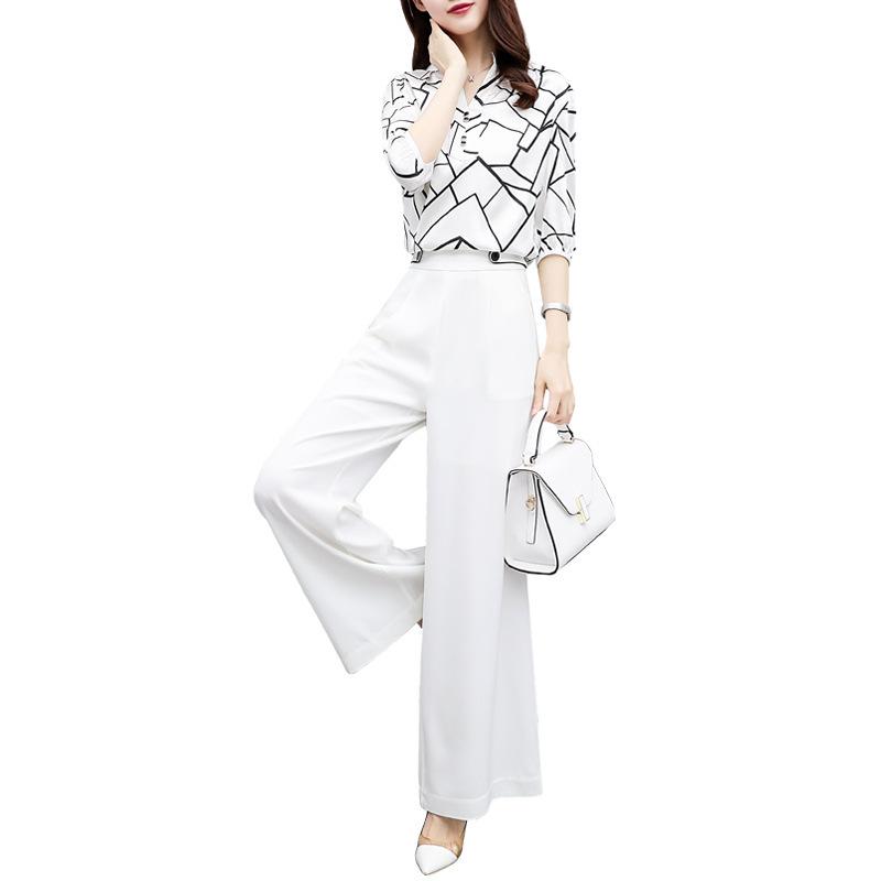 2021New Women Summer Suits Blouse Shirt Two Piece Pant Set Loose Elegant Chiffon Tops White Wide Leg Pant