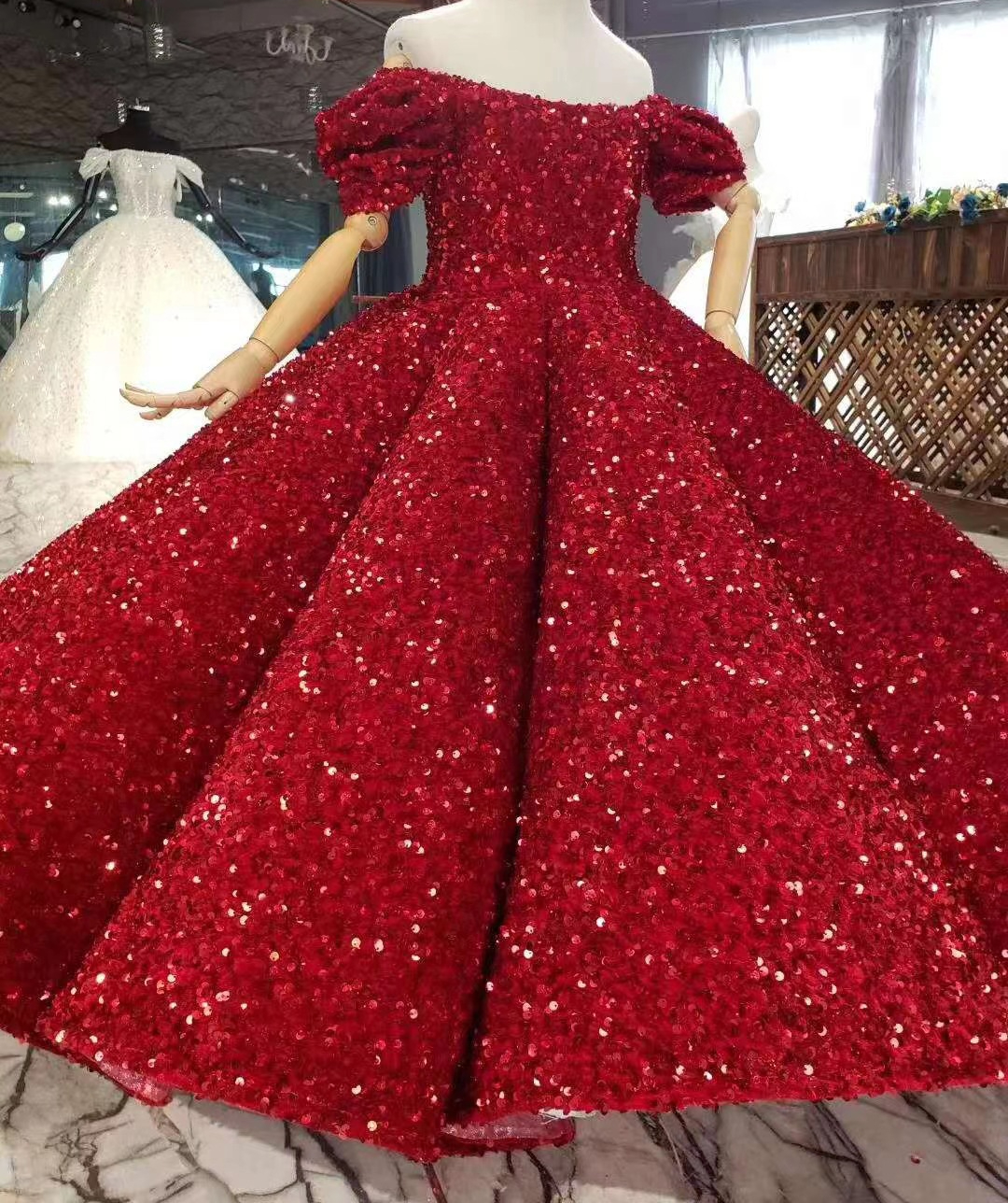 Sier Bling Sequin Pageant Fluffy Off The Shoulder Ruched Flower Girl Wedding Ball Gowns Party Dresses For Girls