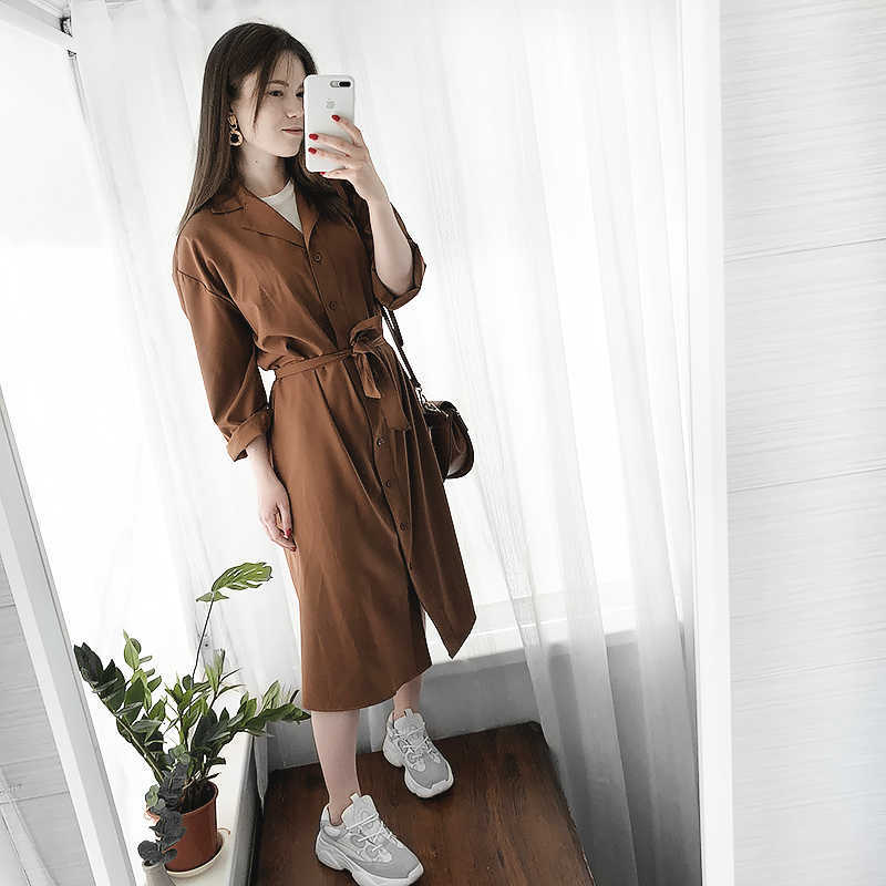 Spring Autumn Fashion Female Batwing Sleeve Vintage Solid Shirt Utility Dress Women Casual Loose Wrap Dress Oversize 210630