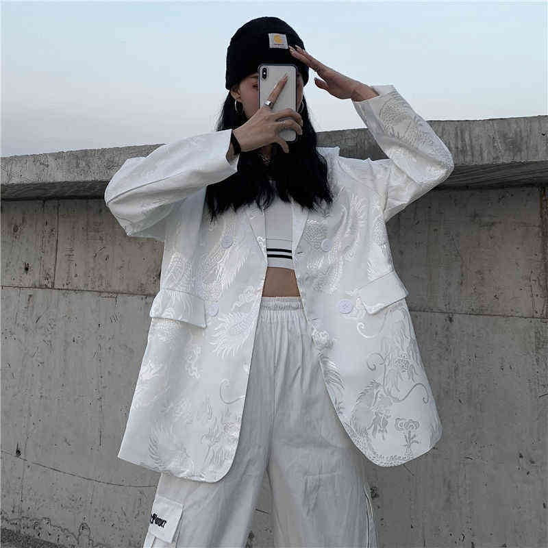 Gothic Vintage Women Jacket Long Sleeve Retro Silky Satin Blazer For Female Fashion Chinese Dragon Print White Outwears 211122