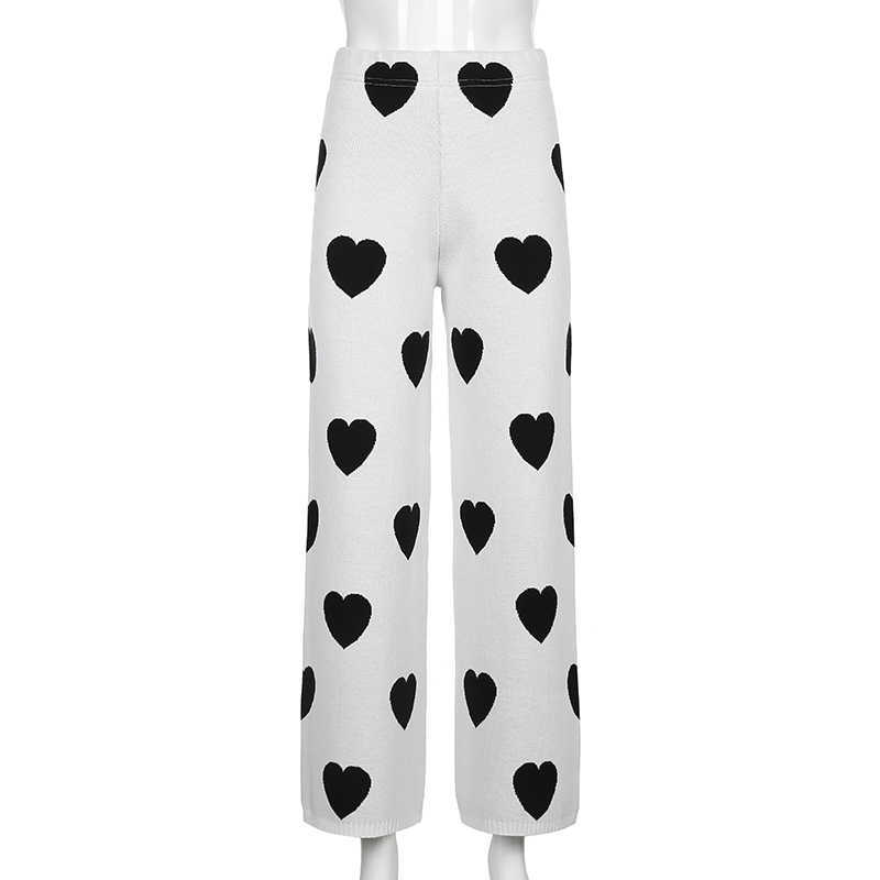 Rapwriter Black Heart Printed Knitted Oversized Wide Leg Pants Women High Waist Baggy Sweatpants White Trouser Streetwear 211115