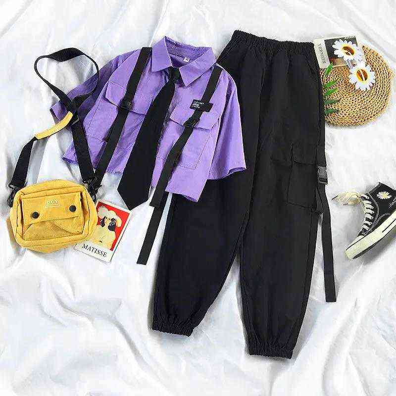 Autumn Streetwear Pants High-Waist Straight Ribbon Cargo Student Loose Short-Sleeved Shirt with Tie two-piece Set 211115