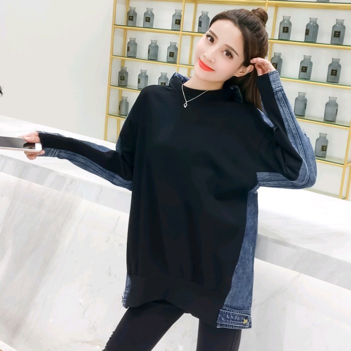 Chic Women Denim Patchwork Cotton Sweatshirts Female Loose Casual Denim Sweatshirts Female Denim Patchwork Cotton Pullovers Tops 201030