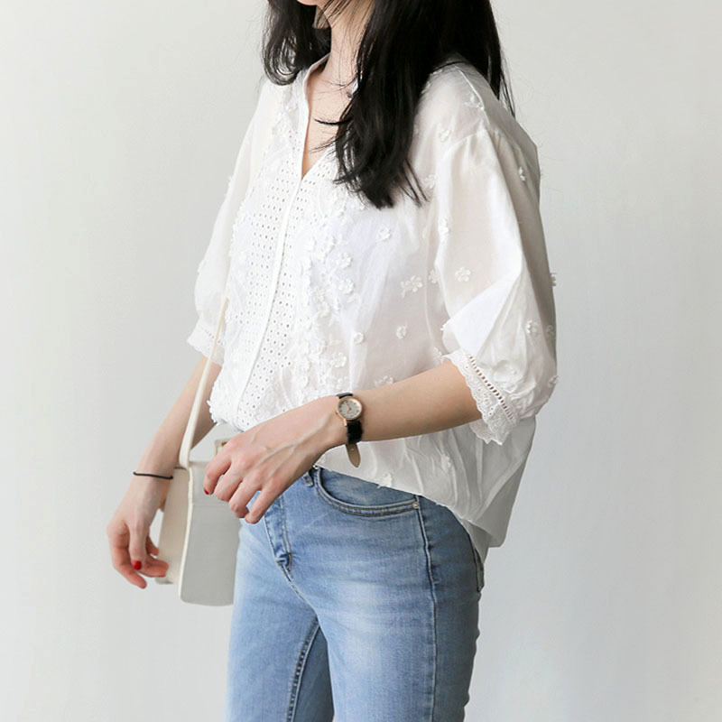 BETHQUENOY Embroidery Blouse White Shirts Women Clothes Plus Size Cotton Tops Camisas Blusas Mujer De Moda Chemisier Femme 210225