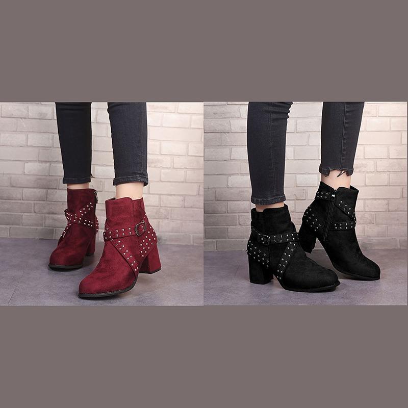 Boots Winter Women Ankle Cross Tie Rivet Flock Buckle Pointed Toe Zip Solid Rubber Sole Fashion Casual Shoes Female Ladies