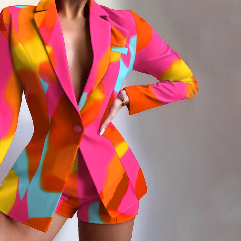 Women's Two Piece Pants Abstract Colorblock Print Single Button Tailored Blazer & Shorts Set