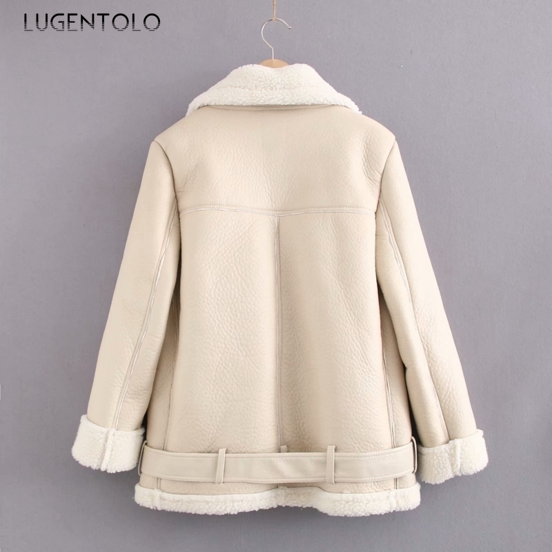 Lugentolo Leather Jacket Women Winter Lamb Wool Turndown Fur Collar Long Sleeve PU Moto Zipper Keep Warm Thick Coat T200811