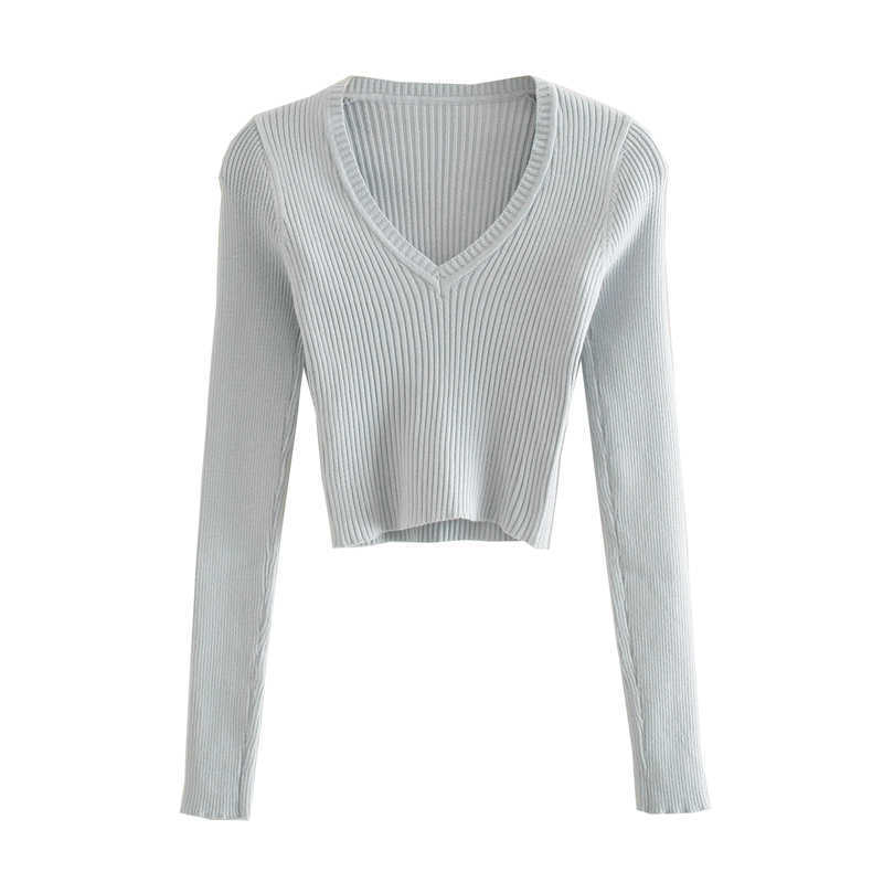 Summer sweater women long sleeve crop sweater vintage v neck pullover korean green sweater knit solid pullover autumn 210918