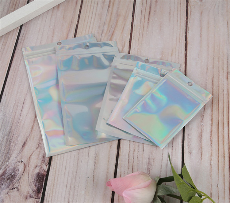 100pcs Hologram Aluminum Foil Zip Lock Laser Bags Resealable Clear Window Jewelry Trinkets Nail Stickers Eyelashes Beads Snack Coffee Tea Hologaphic P