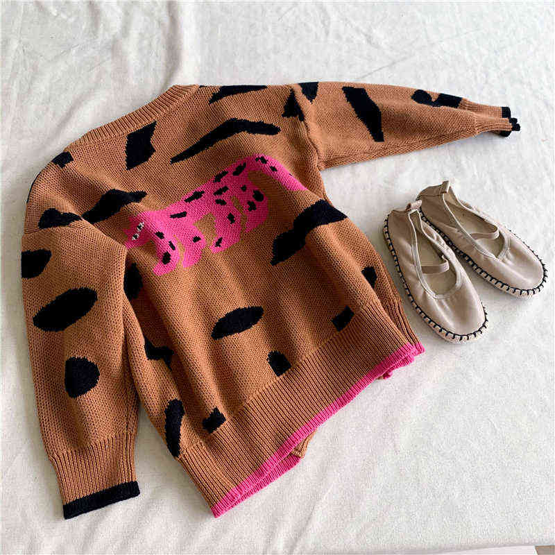 Girls cute leopard cartoon knitted cardigans Korean style children loose soft casual V-Neck Sweaters 211104
