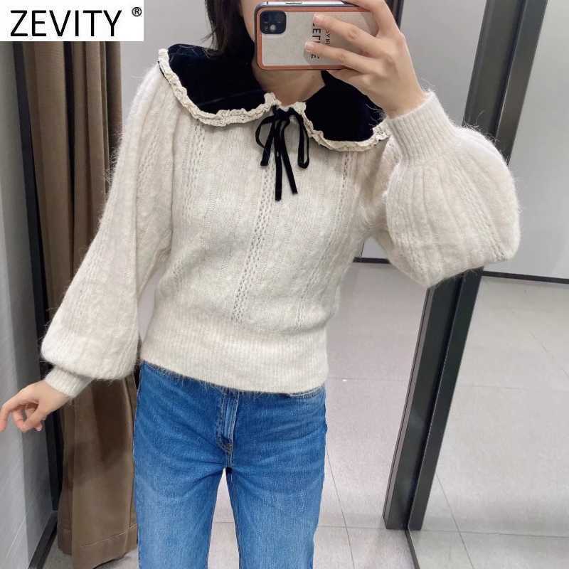 Zevity Women Sweet Velvet Collar Lace Ruffles Patchwork Knitting Sweater Female Chic Long Sleeve Casual Slim Pullovers Tops S513 210603