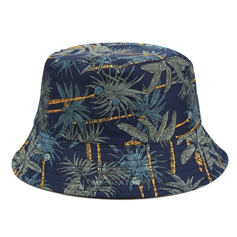 Cloches Men Women Summer Reversible Bucket Hat Tropical Palm Tree Leaves Print Hip Hop Wide Brim Sunscreen Round Flat Top Fisherman Cap
